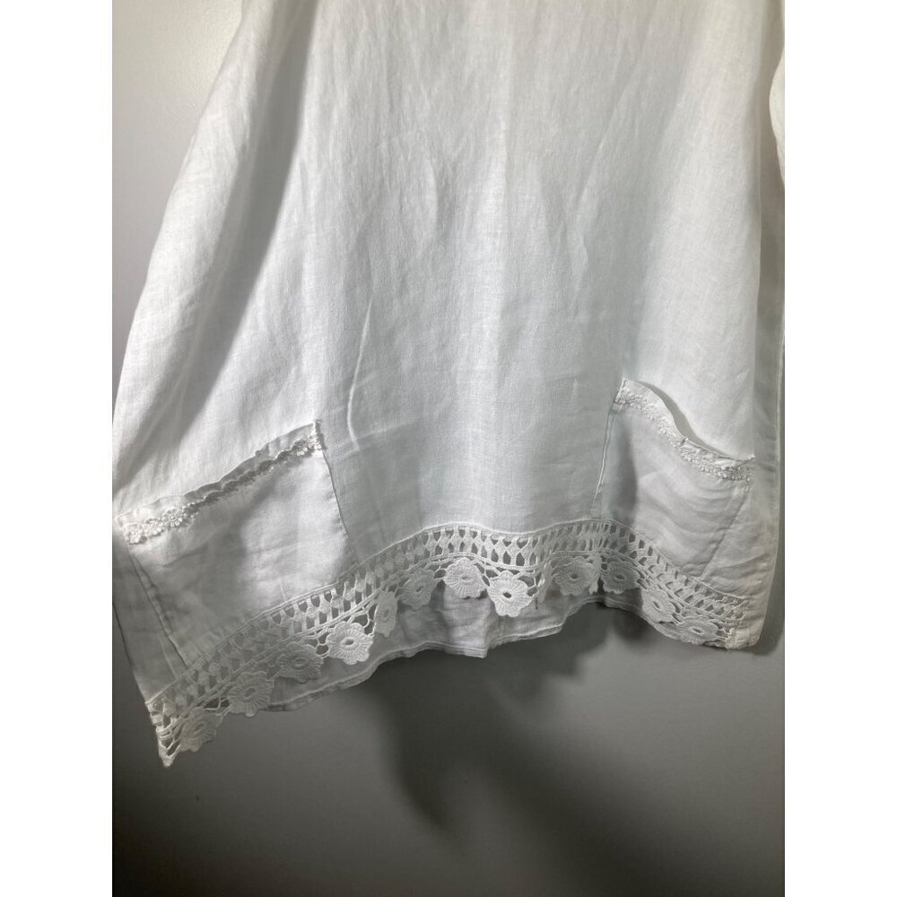 Womens White Linen Lace 3/4 Sleeve Boho Tunic Top‎ Made it Italy 16 - Picture 3 of 9